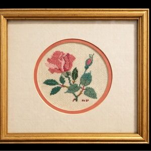 Framed Cross-Stitch Pink Rose Artwork